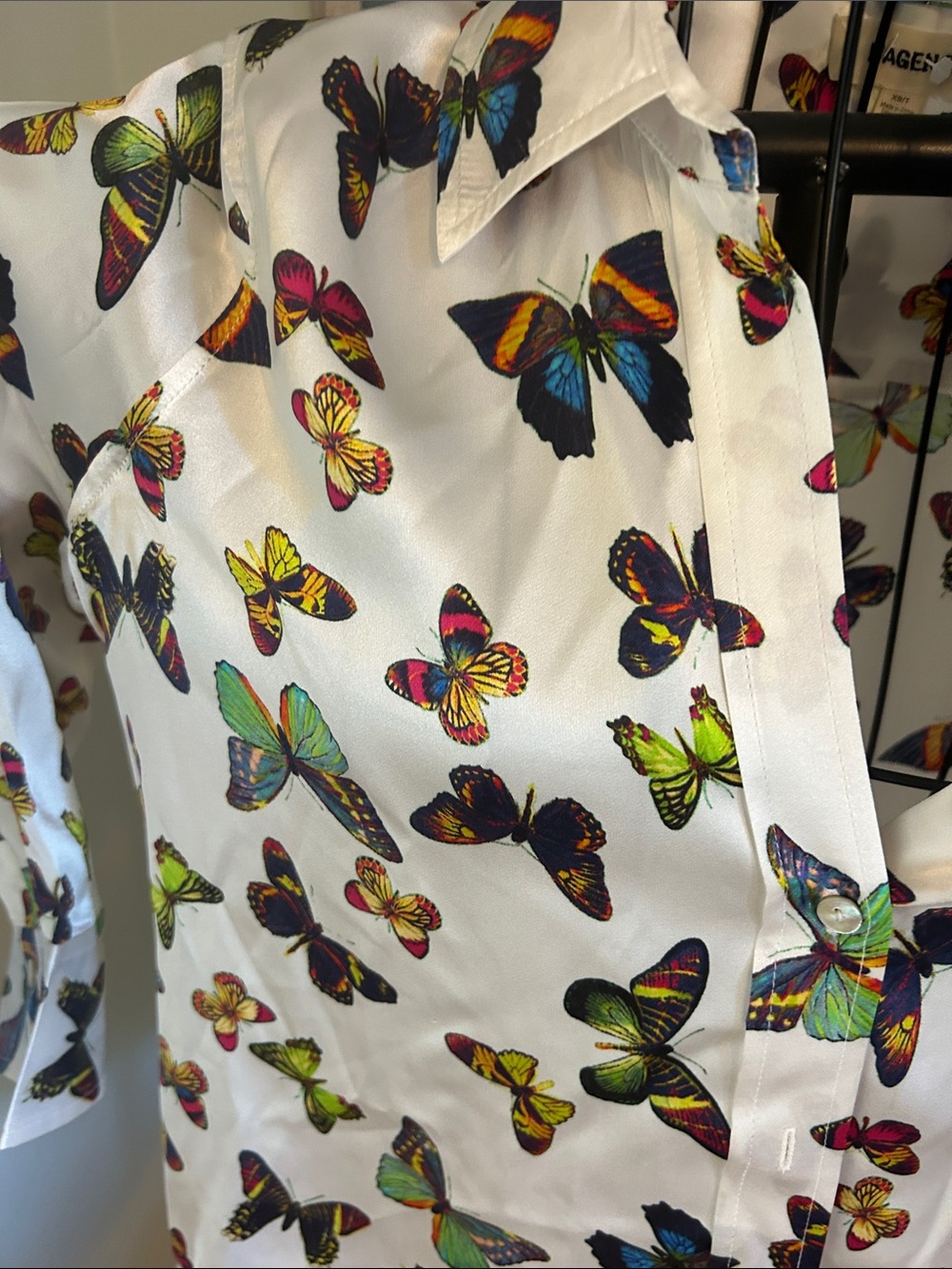 L'AGENCE White Butterfly-Print Silk Blouse